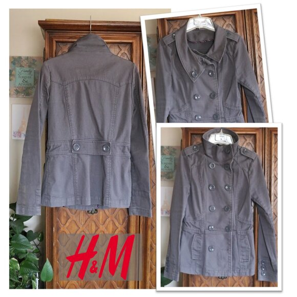Divided by H&M Double-Breasted Twill Denim Military Jacket Coat - Gray, Size 8 - Picture 15 of 15
